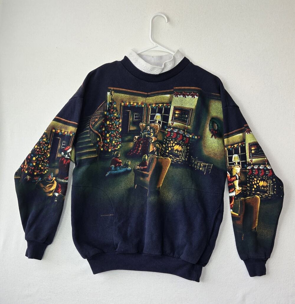 Vtg Art Unlimited Winter Santa Night Before Christmas Crewneck Double Sided 90s